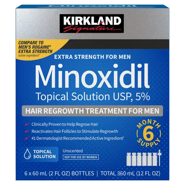 Kirkland Signature Minoxidil 5% Topical Solution — Extra Strength Hair Regrowth Treatment for Men, 6 x 2 fl oz